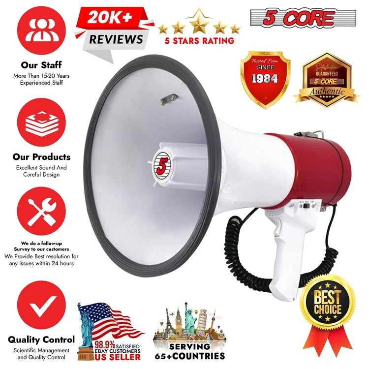 5 Core Megaphone 50W Bull Horn Professional PA Speaker w 1200 Yards Range Loud Siren Voice Amp - HONORABLE VETERANS SOLUTIONS