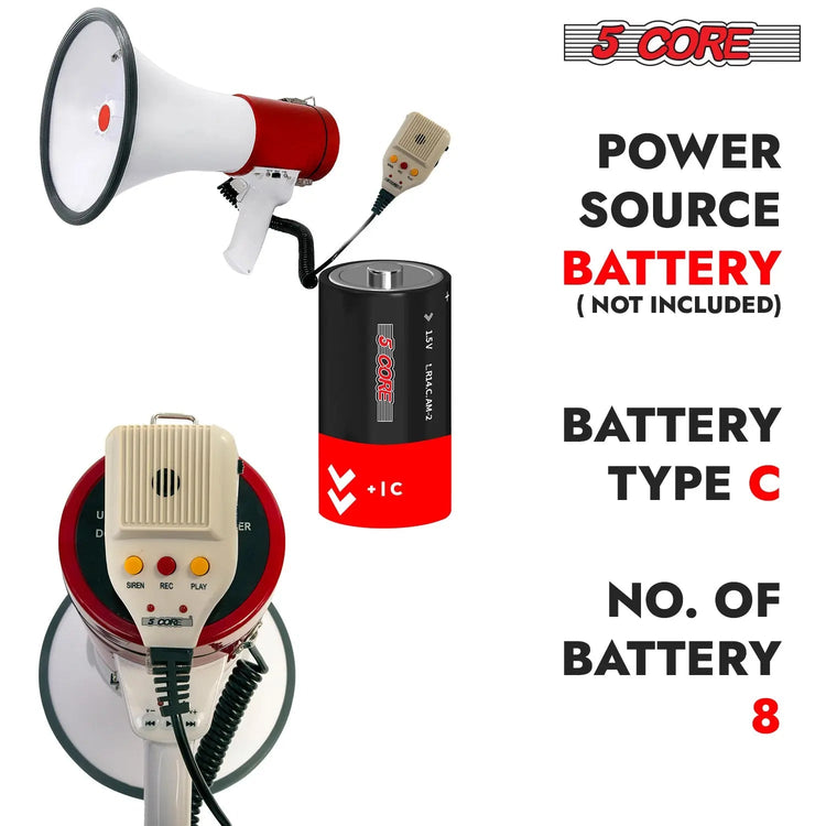 5 Core Megaphone 50W Bull Horn Professional PA Speaker w 1200 Yards Range Loud Siren Voice Amp - HONORABLE VETERANS SOLUTIONS