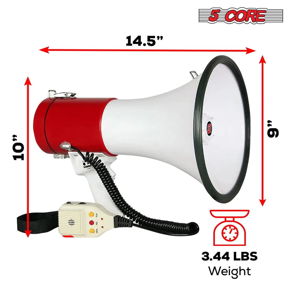 5 Core Megaphone 50W Bull Horn Professional PA Speaker w 1200 Yards Range Loud Siren Voice Amp - HONORABLE VETERANS SOLUTIONS
