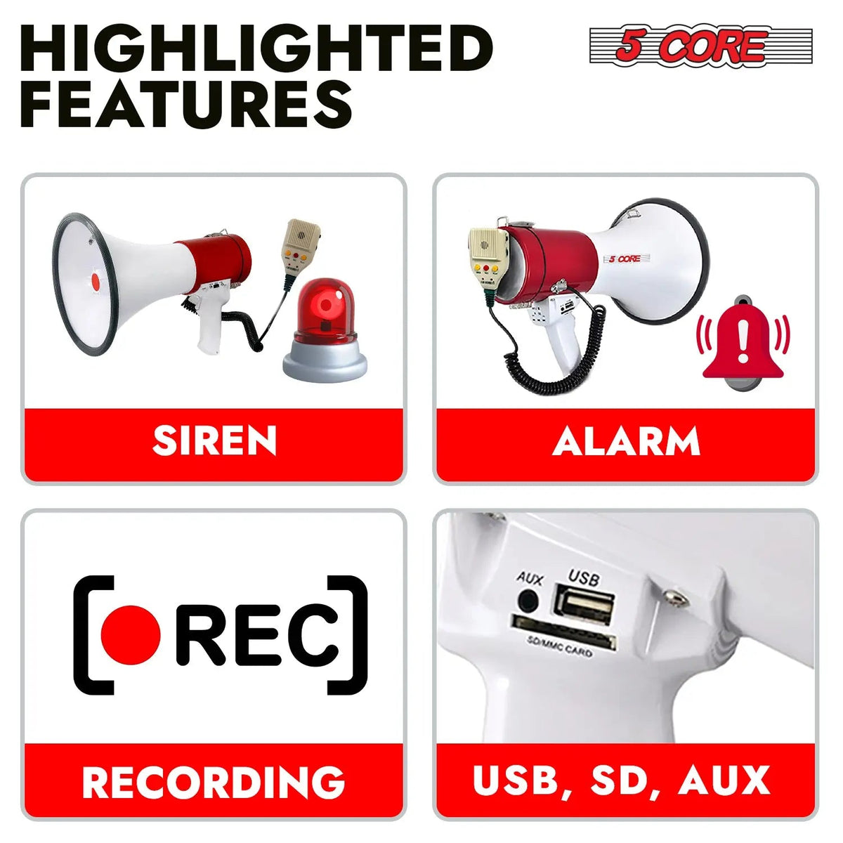 5 Core Megaphone 50W Bull Horn Professional PA Speaker w 1200 Yards Range Loud Siren Voice Amp - HONORABLE VETERANS SOLUTIONS