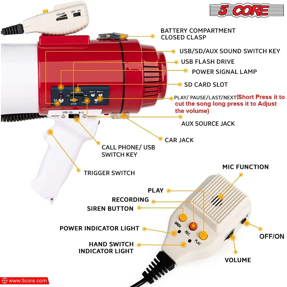 5 Core Megaphone 60W Bull Horn Professional PA Speaker w 1200 Yards Range Loud Siren Voice Amp - HONORABLE VETERANS SOLUTIONS