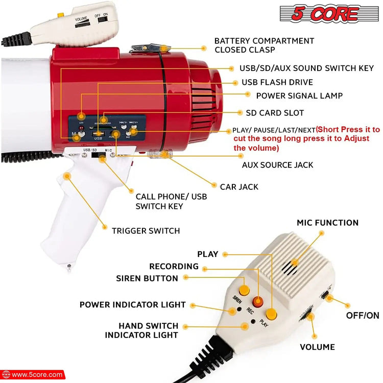 5 Core Megaphone 60W Bull Horn Professional PA Speaker w 1200 Yards Range Loud Siren Voice Amp - HONORABLE VETERANS SOLUTIONS