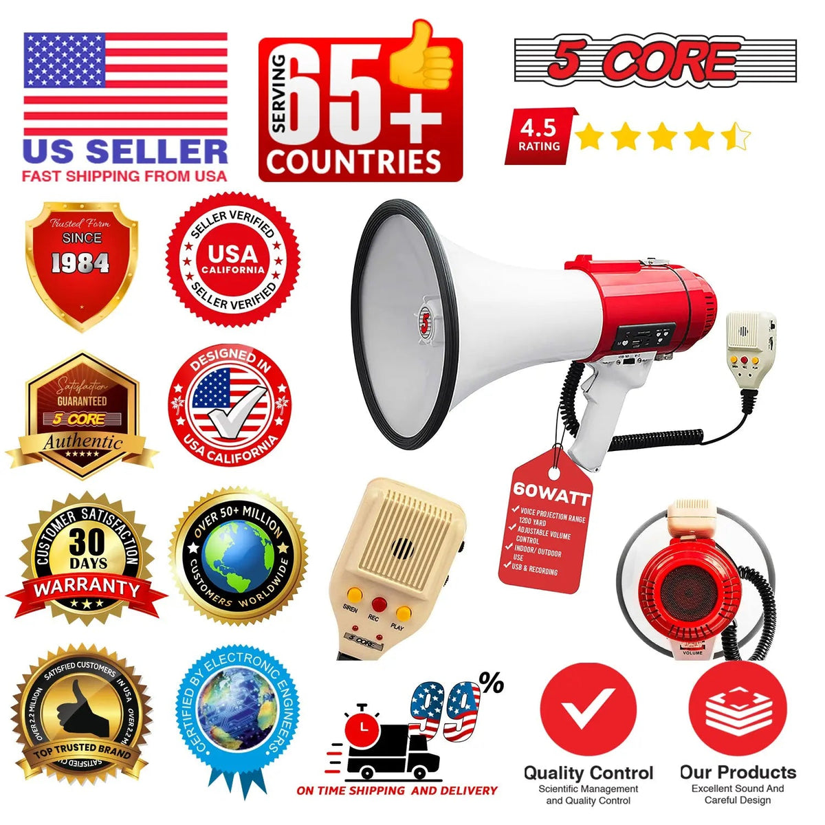 5 Core Megaphone 60W Bull Horn Professional PA Speaker w 1200 Yards Range Loud Siren Voice Amp - HONORABLE VETERANS SOLUTIONS