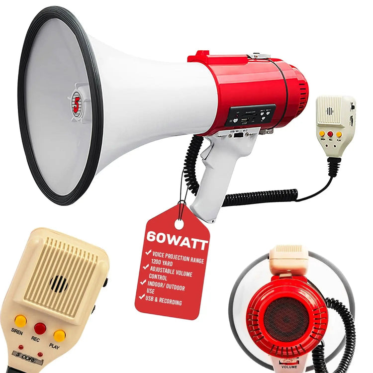 5 Core Megaphone 60W Bull Horn Professional PA Speaker w 1200 Yards Range Loud Siren Voice Amp - HONORABLE VETERANS SOLUTIONS