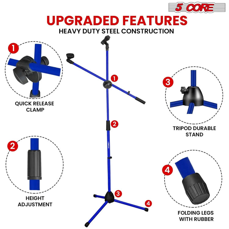 5 Core Mic Stand 4 Pcs Floor Height Adjustable Tripod Microphone Stands w Extending Telescoping Boom Arm - HONORABLE VETERANS SOLUTIONS