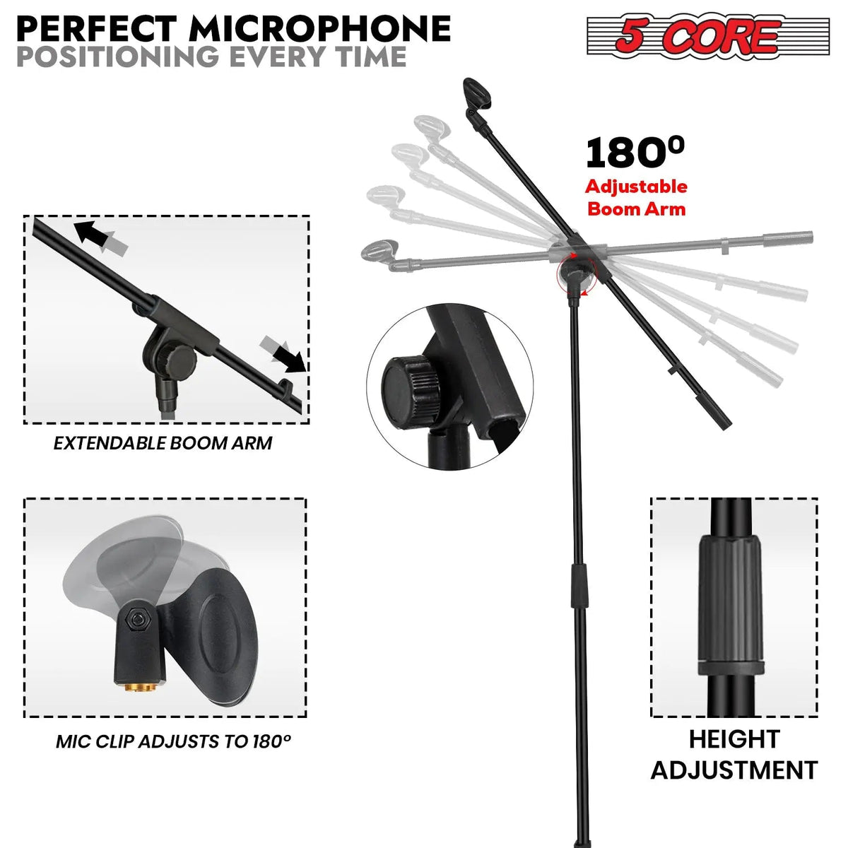 5 Core Mic Stand Floor Adjustable 72" Tripod Microphone Stands w Telescoping Boom Arm - HONORABLE VETERANS SOLUTIONS