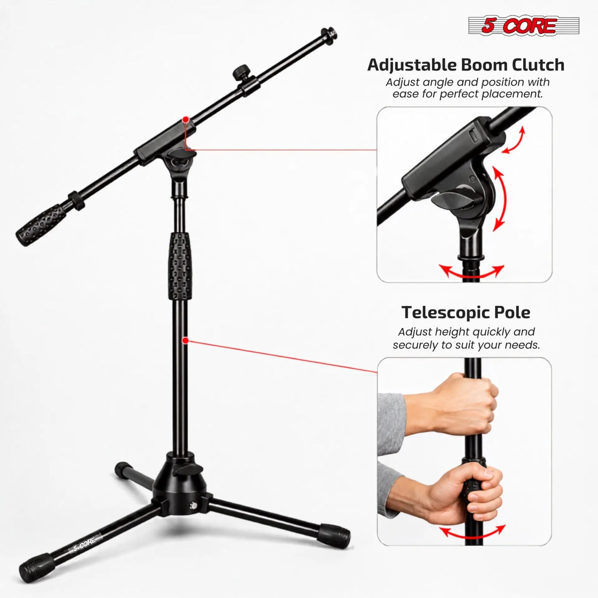 5 Core Mic Stand Floor Adjustable Short Tripod Microphone Stands w Telescoping Boom Arm - HONORABLE VETERANS SOLUTIONS