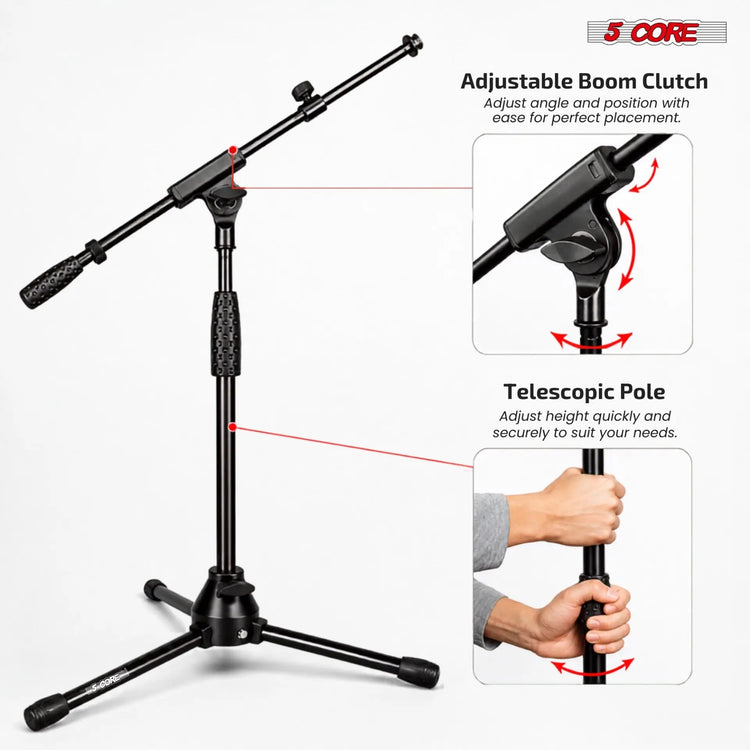 5 Core Mic Stand Floor Adjustable Short Tripod Microphone Stands w Telescoping Boom Arm - HONORABLE VETERANS SOLUTIONS