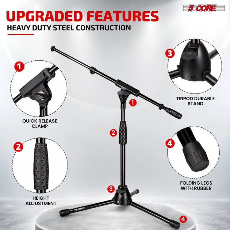 5 Core Mic Stand Floor Adjustable Short Tripod Microphone Stands w Telescoping Boom Arm - HONORABLE VETERANS SOLUTIONS