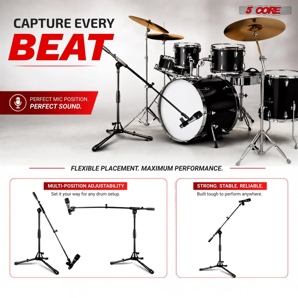 5 Core Mic Stand Floor Adjustable Short Tripod Microphone Stands w Telescoping Boom Arm - HONORABLE VETERANS SOLUTIONS