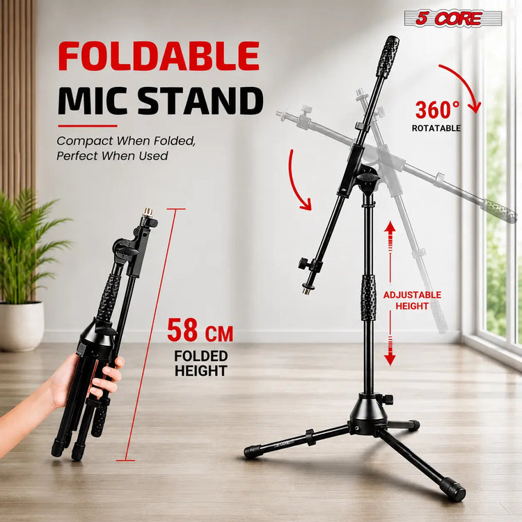 5 Core Mic Stand Floor Adjustable Short Tripod Microphone Stands w Telescoping Boom Arm - HONORABLE VETERANS SOLUTIONS