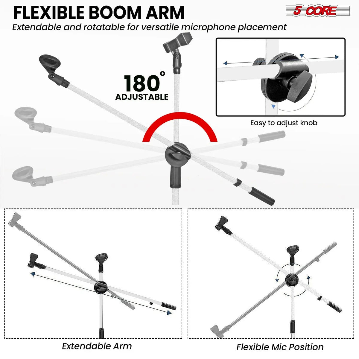 5 Core Mic Stand Floor Height Adjustable Tripod Microphone Stands w Extending Telescoping Boom Arm - HONORABLE VETERANS SOLUTIONS