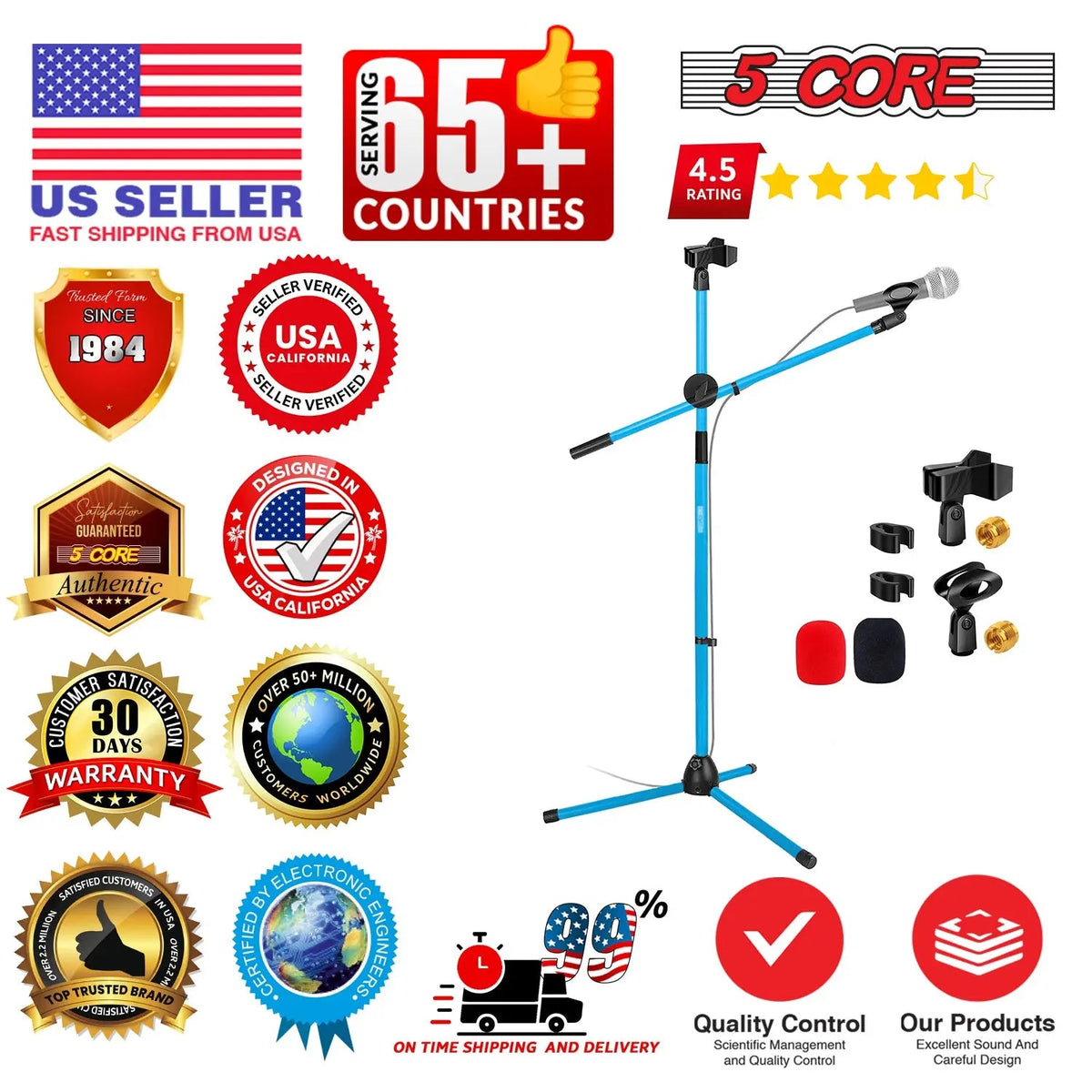 5 Core Mic Stand Floor Height Adjustable Tripod Microphone Stands w Extending Telescoping Boom Arm - HONORABLE VETERANS SOLUTIONS