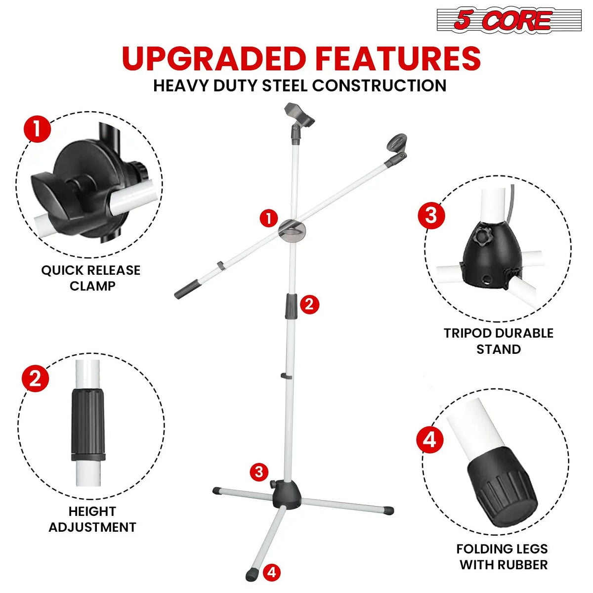5 Core Mic Stand Floor Height Adjustable Tripod Microphone Stands w Extending Telescoping Boom Arm - HONORABLE VETERANS SOLUTIONS