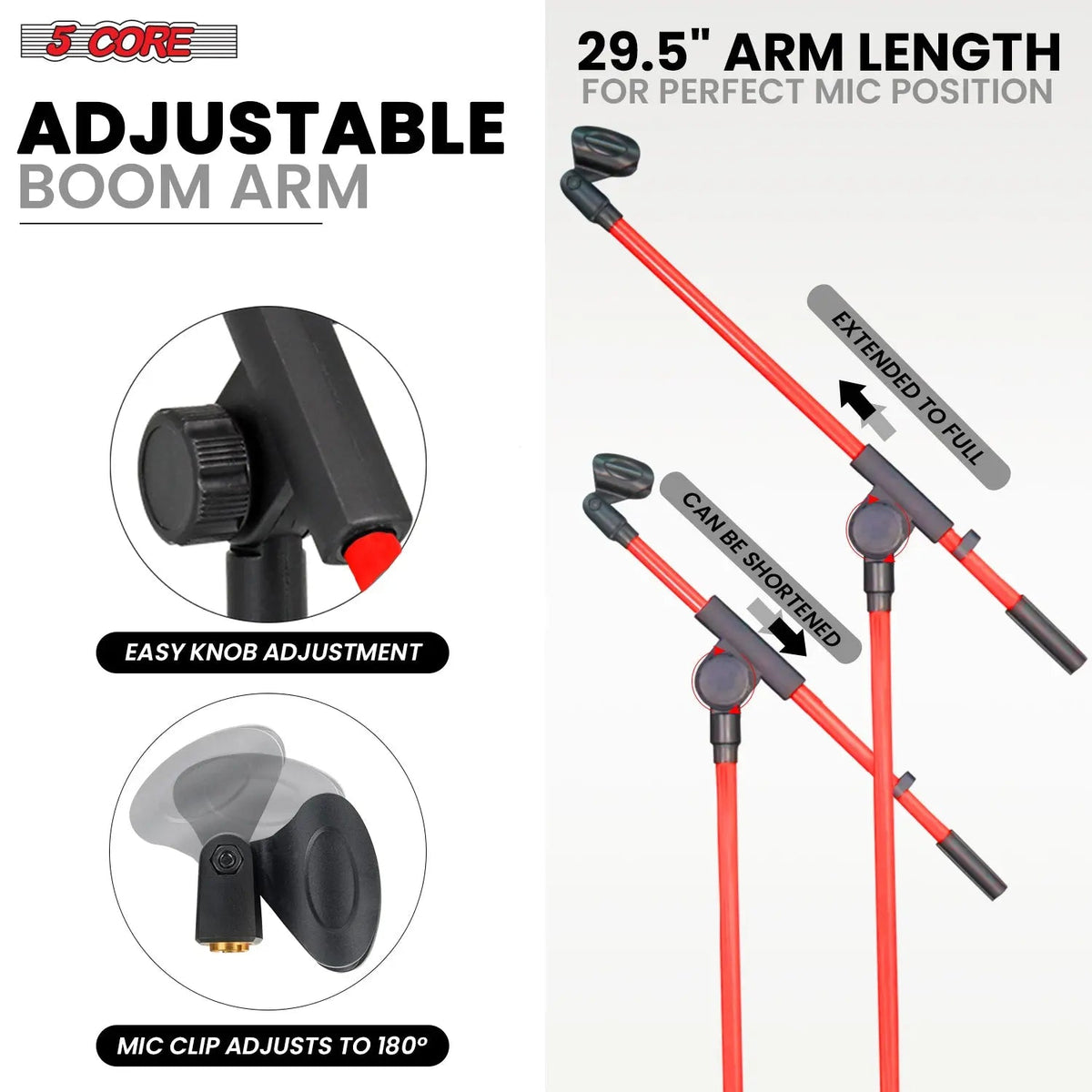 5 Core Mic Stand Floor Pair Adjustable 72" Tripod Microphone Stands w Telescoping Boom Arm - HONORABLE VETERANS SOLUTIONS