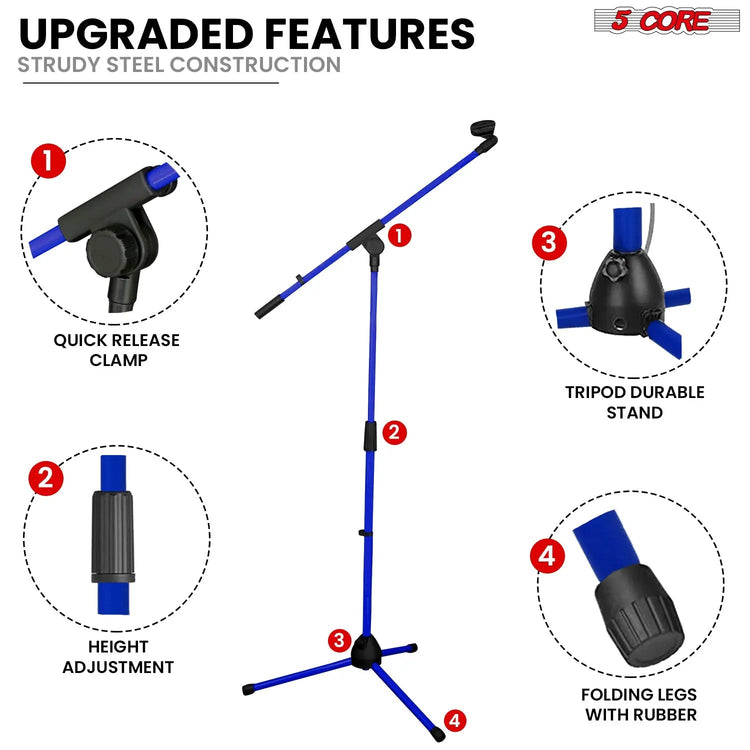 5 Core Mic Stand Floor Pair Adjustable 72" Tripod Microphone Stands w Telescoping Boom Arm - HONORABLE VETERANS SOLUTIONS