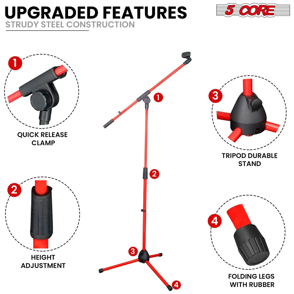 5 Core Mic Stand Floor Pair Adjustable 72" Tripod Microphone Stands w Telescoping Boom Arm - HONORABLE VETERANS SOLUTIONS