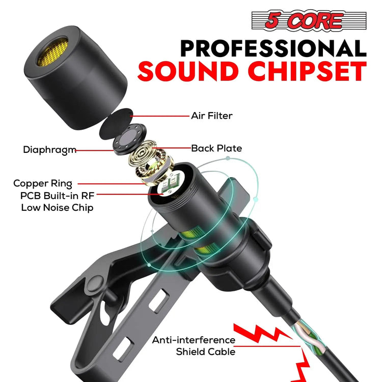 5 Core Microphone Professional Lavalier Mic Wearable Omnidirectional Condenser 3.5mm Body Microfono - HONORABLE VETERANS SOLUTIONS