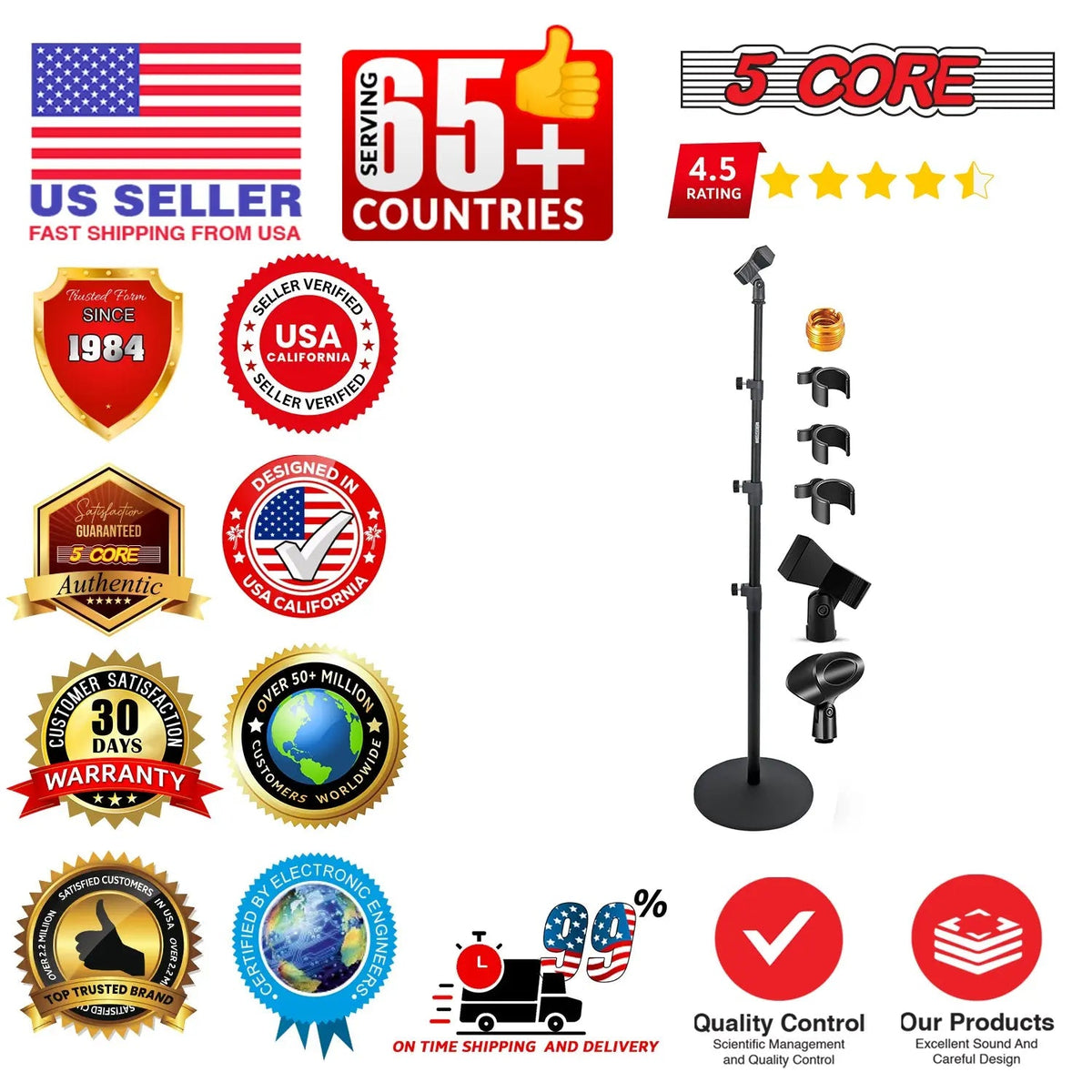 5 Core Microphone Stand 3 Level Height Adjustable 24-67" w Heavy Duty Round Base Floor Mic Stands - HONORABLE VETERANS SOLUTIONS