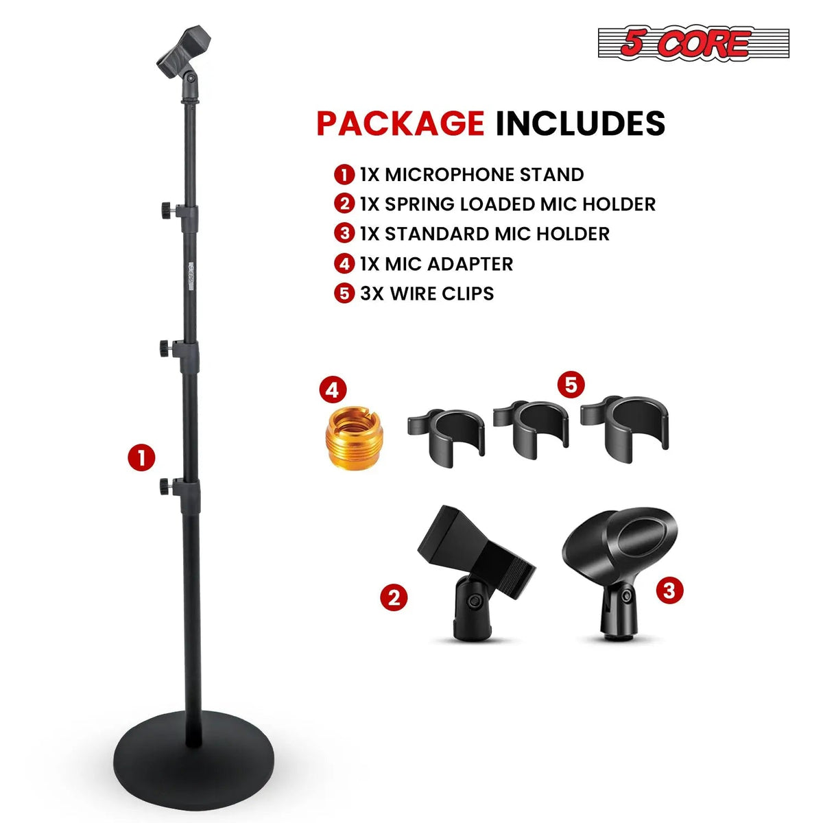 5 Core Microphone Stand 3 Level Height Adjustable 24-67" w Heavy Duty Round Base Floor Mic Stands - HONORABLE VETERANS SOLUTIONS