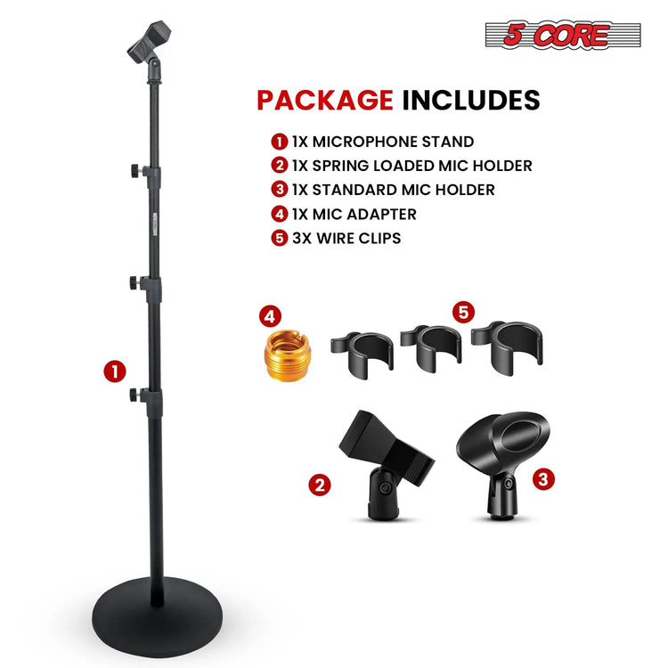 5 Core Microphone Stand 3 Level Height Adjustable 24-67" w Heavy Duty Round Base Floor Mic Stands - HONORABLE VETERANS SOLUTIONS