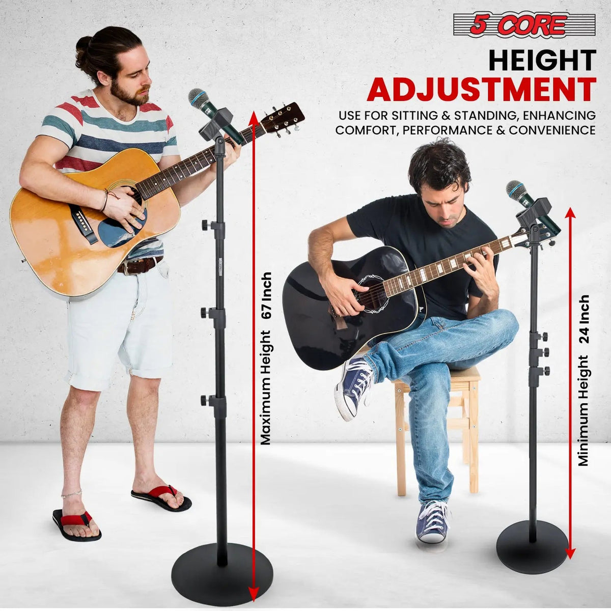 5 Core Microphone Stand 3 Level Height Adjustable 24-67" w Heavy Duty Round Base Floor Mic Stands - HONORABLE VETERANS SOLUTIONS