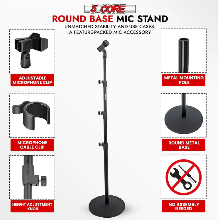 5 Core Microphone Stand 3 Level Height Adjustable 24-67" w Heavy Duty Round Base Floor Mic Stands - HONORABLE VETERANS SOLUTIONS