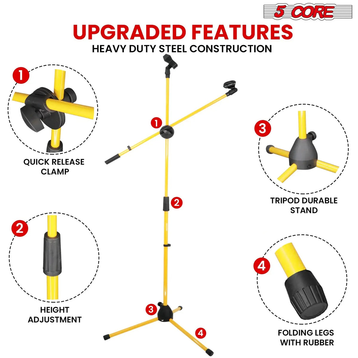 5 Core Microphone Stand Floor 2 Mic Clips Universal Height Adjustable Tripod Mic Stands w Boom Arm - HONORABLE VETERANS SOLUTIONS