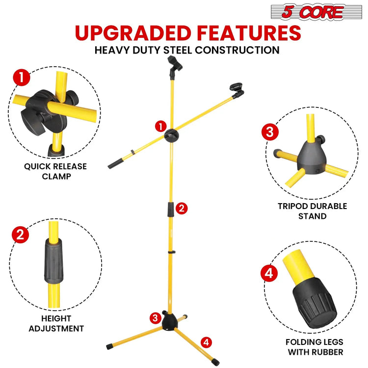 5 Core Microphone Stand Floor 4Pc w Mic Clips Universal Height Adjustable Tripod Stands w Boom Arm - HONORABLE VETERANS SOLUTIONS