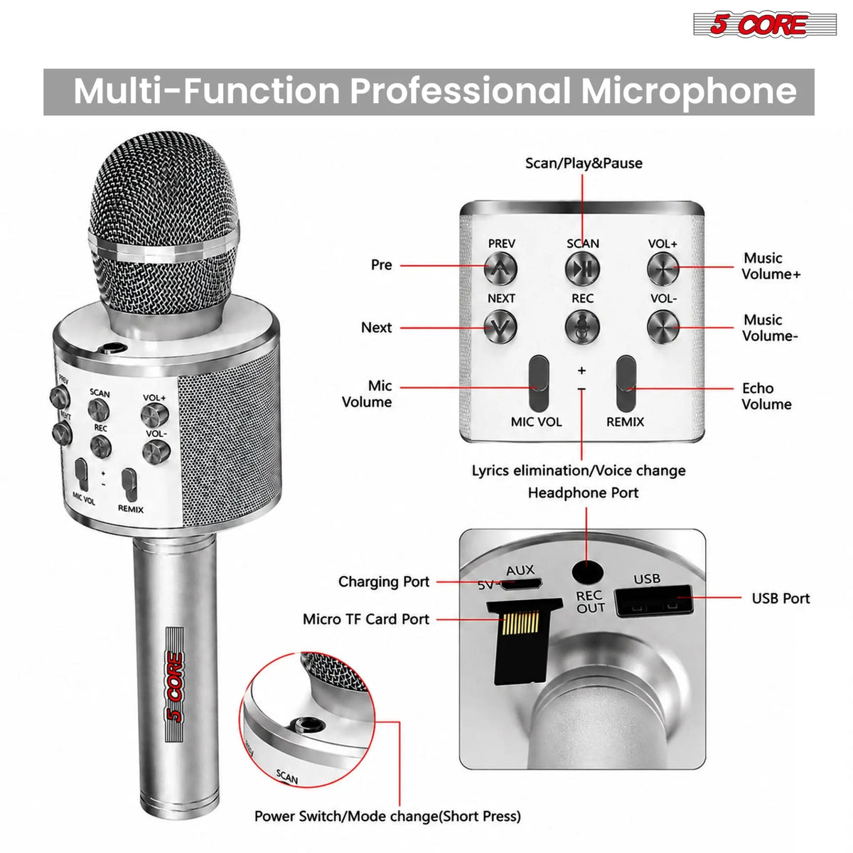 5 Core Microphone Wireless Karaoke Mic With Speaker 3 in 1 Portable Bluetooth Microfono Inalambrico - HONORABLE VETERANS SOLUTIONS