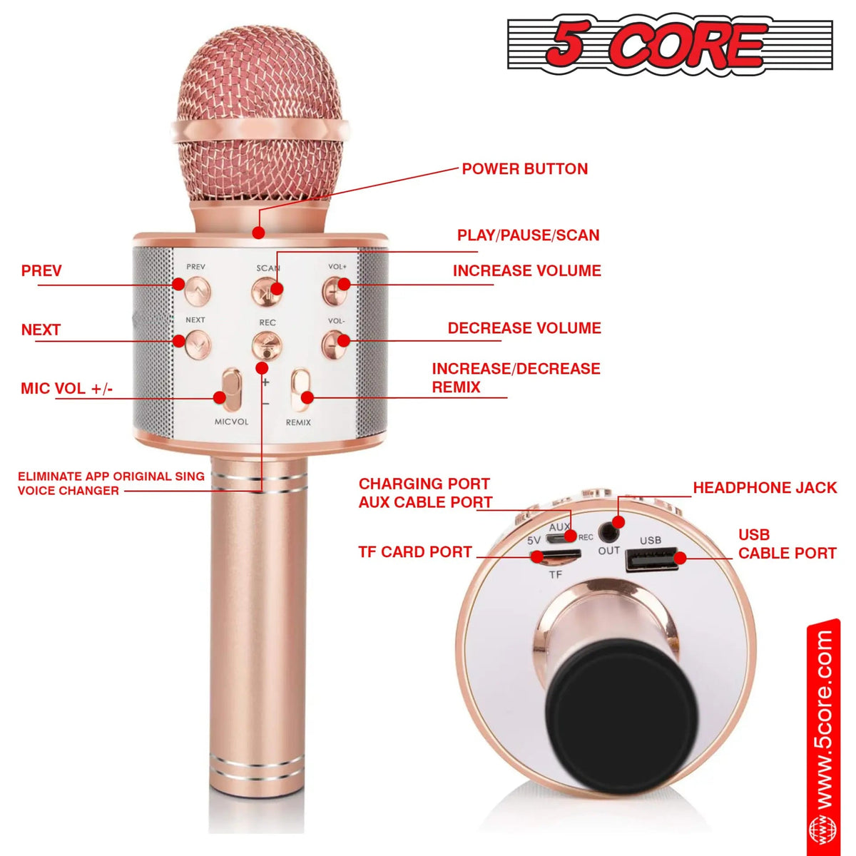 5 Core Microphone Wireless Karaoke Mic With Speaker 3 in 1 Portable Bluetooth Microfono Inalambrico - HONORABLE VETERANS SOLUTIONS
