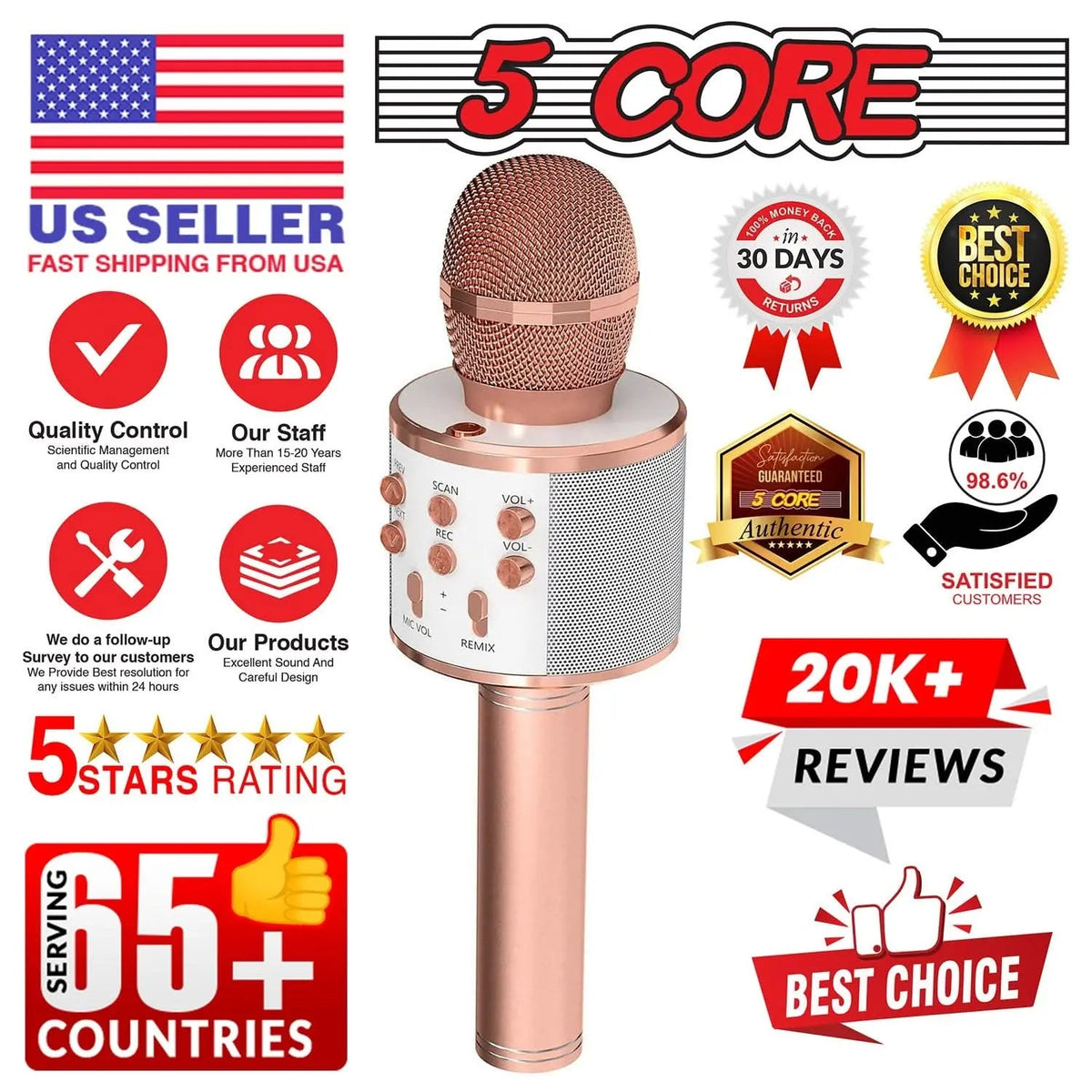 5 Core Microphone Wireless Karaoke Mic With Speaker 3 in 1 Portable Bluetooth Microfono Inalambrico - HONORABLE VETERANS SOLUTIONS