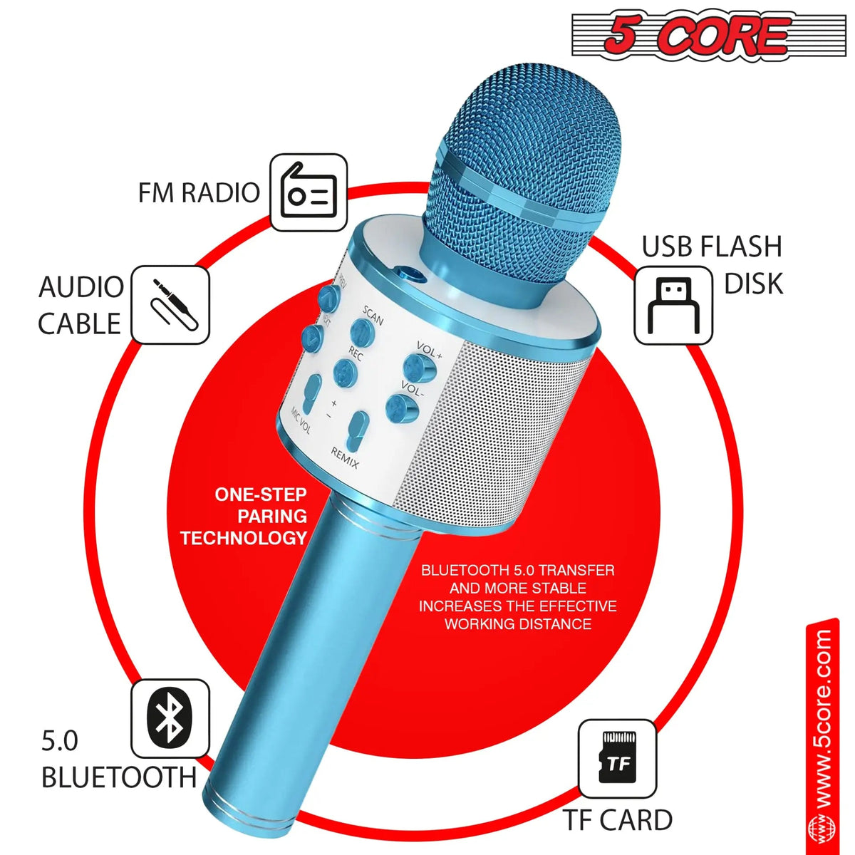 5 Core Microphone Wireless Karaoke Mic With Speaker 3 in 1 Portable Bluetooth Microfono Inalambrico - HONORABLE VETERANS SOLUTIONS