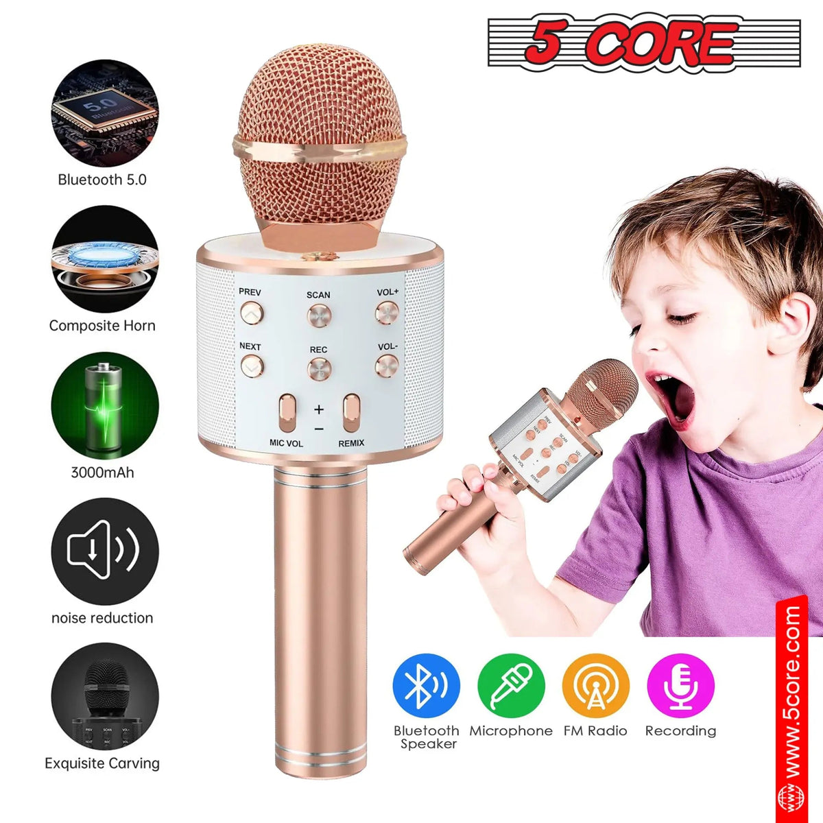 5 Core Microphone Wireless Karaoke Mic With Speaker 3 in 1 Portable Bluetooth Microfono Inalambrico - HONORABLE VETERANS SOLUTIONS