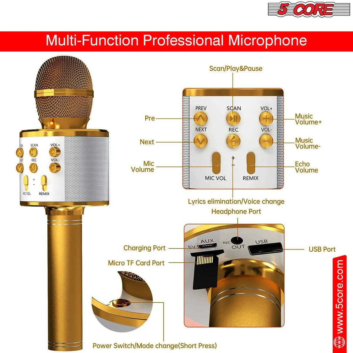5 Core Microphone Wireless Karaoke Mic With Speaker 3 in 1 Portable Bluetooth Microfono Inalambrico - HONORABLE VETERANS SOLUTIONS
