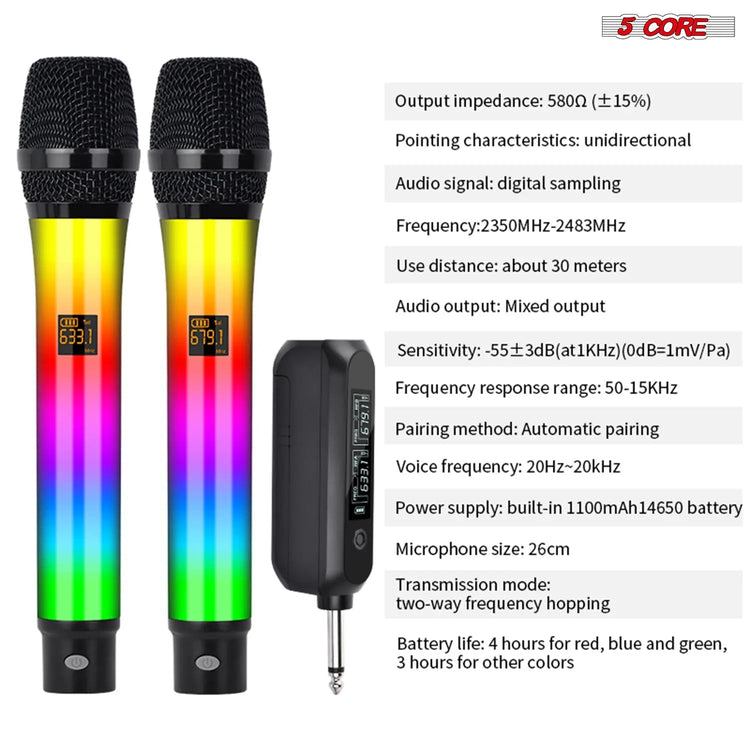 5 Core Microphone Wireless Karaoke Singing Mic Rechargeable Microfonos Inalambricos w RGB Lights - HONORABLE VETERANS SOLUTIONS