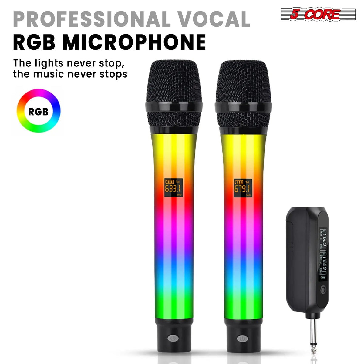 5 Core Microphone Wireless Karaoke Singing Mic Rechargeable Microfonos Inalambricos w RGB Lights - HONORABLE VETERANS SOLUTIONS