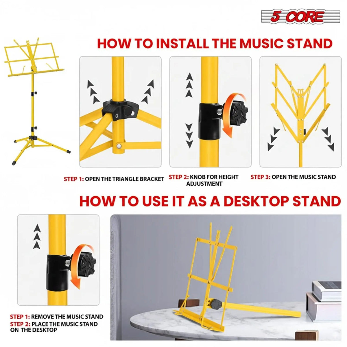 5 Core Music Stand Adjustable 52" Desktop Book Stands Sheet Holder All Metal Portable Bookstand - HONORABLE VETERANS SOLUTIONS