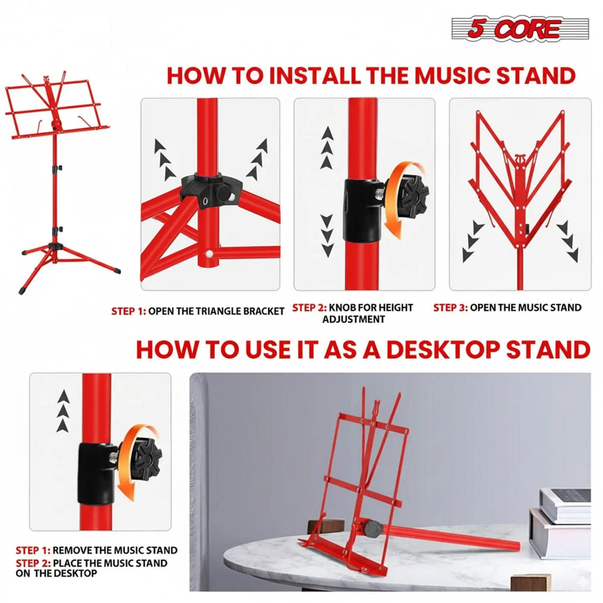 5 Core Music Stand Adjustable 52" Desktop Book Stands Sheet Holder All Metal Portable Bookstand - HONORABLE VETERANS SOLUTIONS