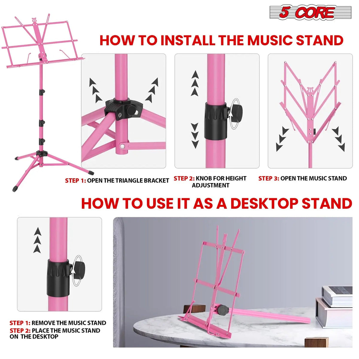 5 Core Music Stand Adjustable Desktop Book Stands Portable Sheet Holder All Metal Foldable Bookstand - HONORABLE VETERANS SOLUTIONS
