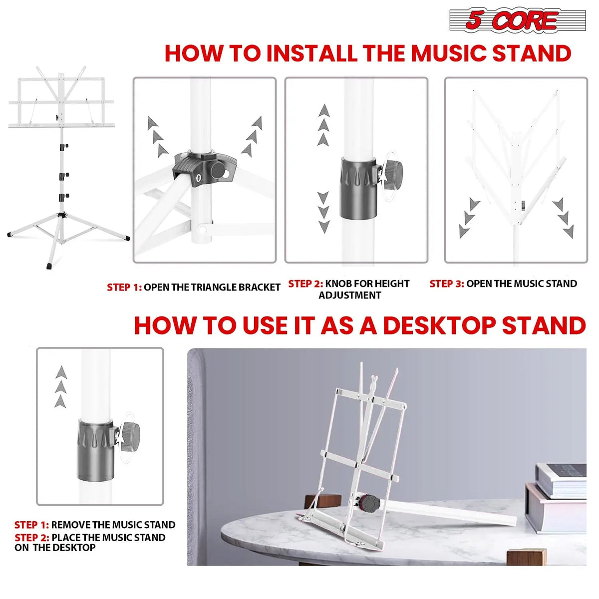 5 Core Music Stand Adjustable Desktop Book Stands Portable Sheet Holder All Metal Foldable Bookstand - HONORABLE VETERANS SOLUTIONS