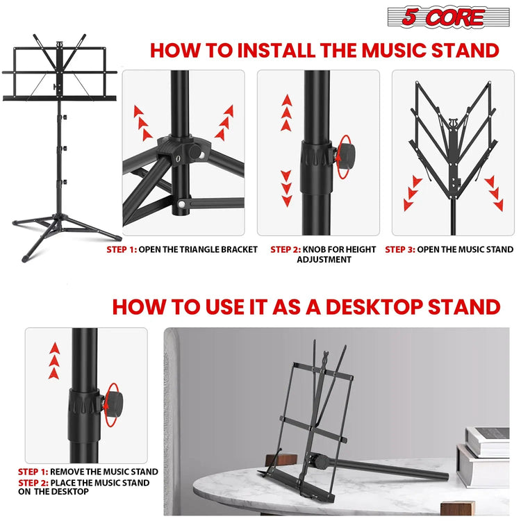 5 Core Music Stand Adjustable Desktop Book Stands Portable Sheet Holder All Metal Foldable Bookstand - HONORABLE VETERANS SOLUTIONS
