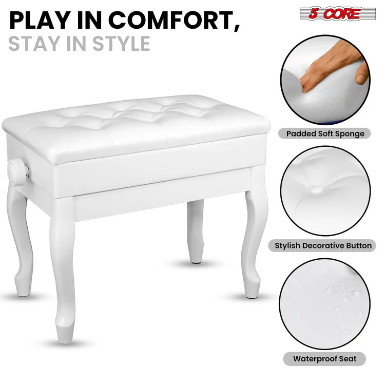 5 Core Piano Bench 3" Padded Cushioned Stool Wooden Heavy Duty Adjustable Musician Chair w Storage - HONORABLE VETERANS SOLUTIONS