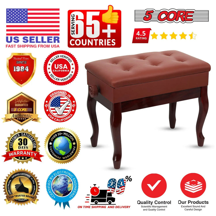 5 Core Piano Bench 3" Padded Cushioned Stool Wooden Heavy Duty Adjustable Musician Chair w Storage - HONORABLE VETERANS SOLUTIONS