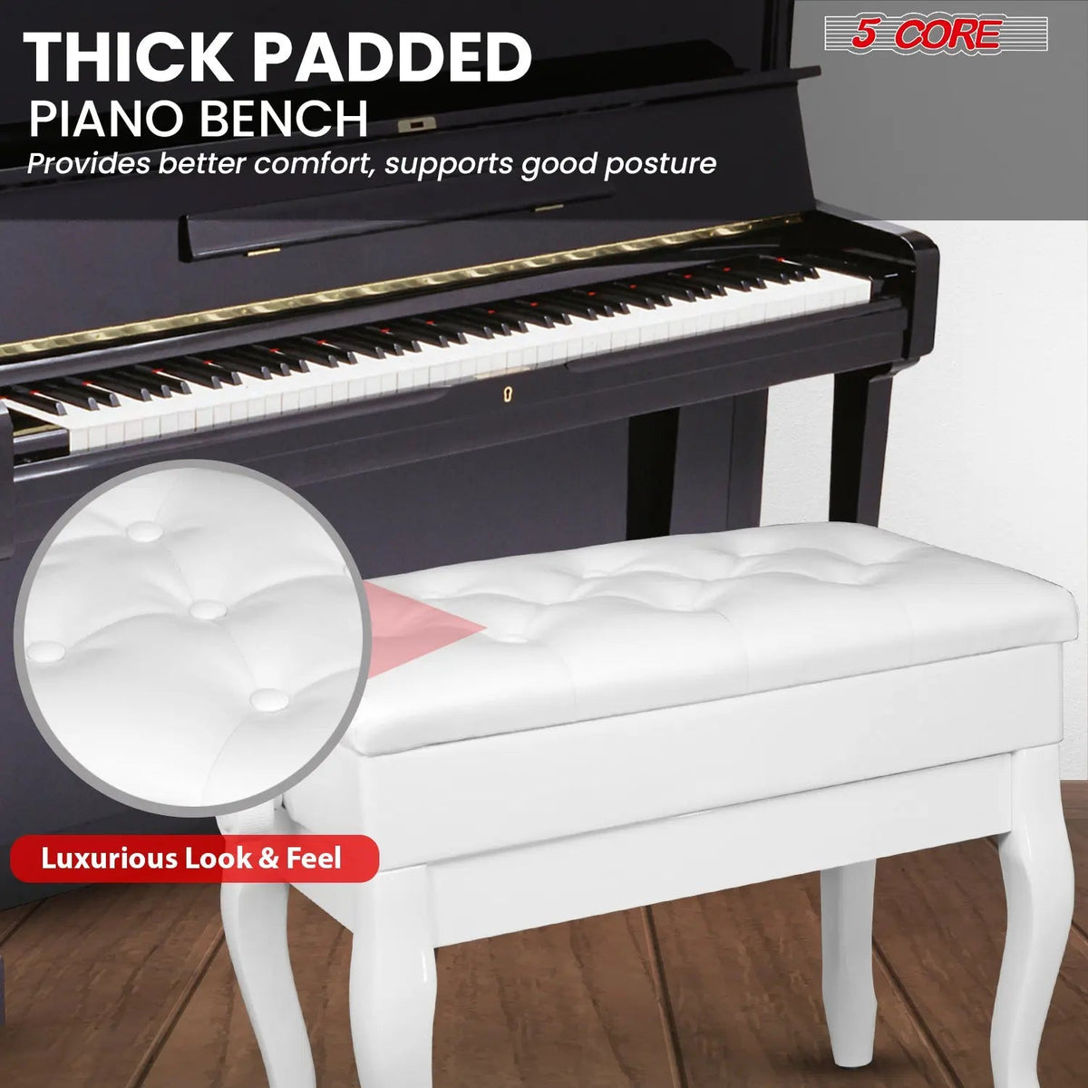 5 Core Piano Bench 3" Padded Cushioned Stool Wooden Heavy Duty Adjustable Musician Chair w Storage - HONORABLE VETERANS SOLUTIONS