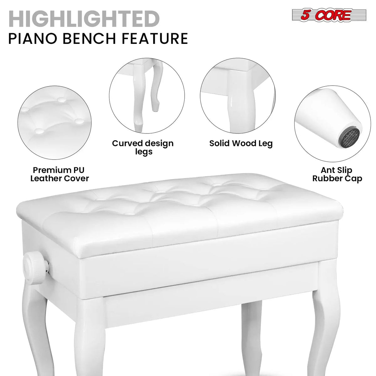 5 Core Piano Bench 3" Padded Cushioned Stool Wooden Heavy Duty Adjustable Musician Chair w Storage - HONORABLE VETERANS SOLUTIONS