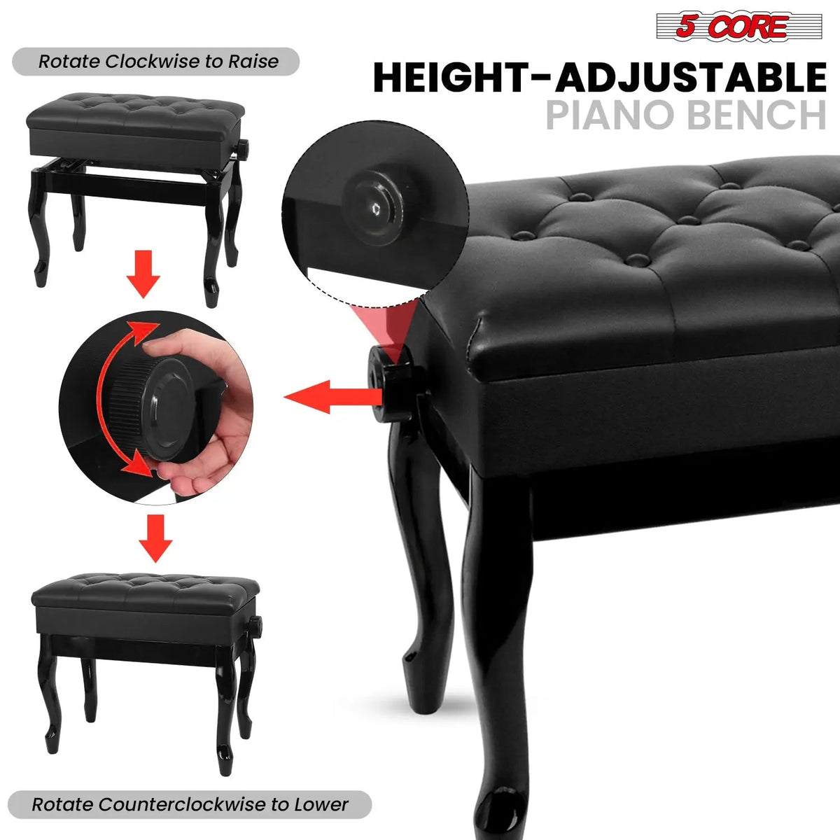 5 Core Piano Bench 3" Padded Cushioned Stool Wooden Heavy Duty Adjustable Musician Chair w Storage - HONORABLE VETERANS SOLUTIONS