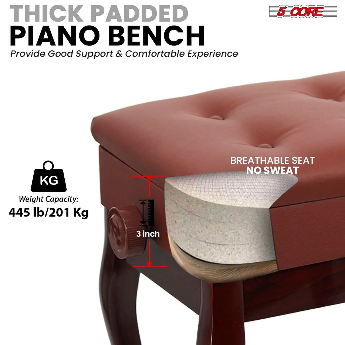 5 Core Piano Bench 3" Padded Cushioned Stool Wooden Heavy Duty Adjustable Musician Chair w Storage - HONORABLE VETERANS SOLUTIONS