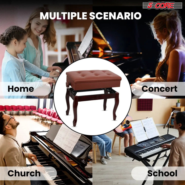 5 Core Piano Bench 3" Padded Cushioned Stool Wooden Heavy Duty Adjustable Musician Chair w Storage - HONORABLE VETERANS SOLUTIONS