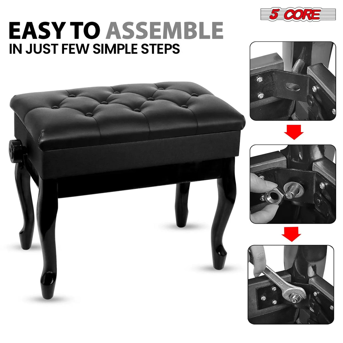 5 Core Piano Bench 3" Padded Cushioned Stool Wooden Heavy Duty Adjustable Musician Chair w Storage - HONORABLE VETERANS SOLUTIONS